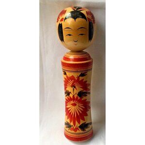 Japanese Kokeshi Doll Floral Design  Flowers 10 3/4 “ Signed Maker Mark